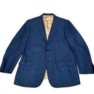 ISAIA WOOL & BAMBOO BLUE & BLACK CHECK 2 BUTTON DOUBLE VENT SPORT COAT BLAZER